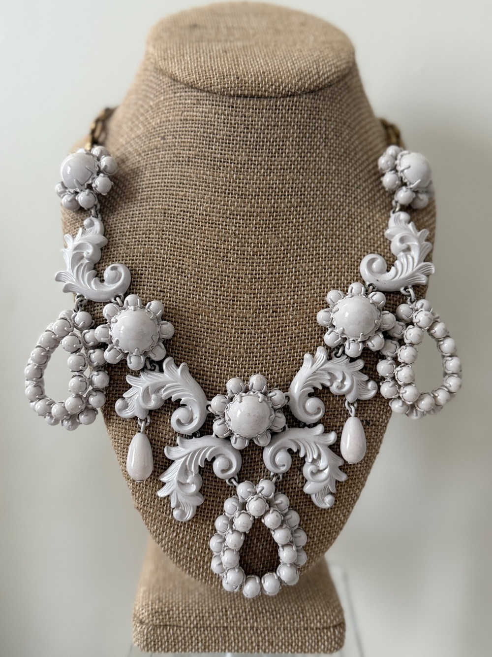 J.Crew White Enamel Baroque Scroll Statement Bib Necklace Gold Tone Patina VTG